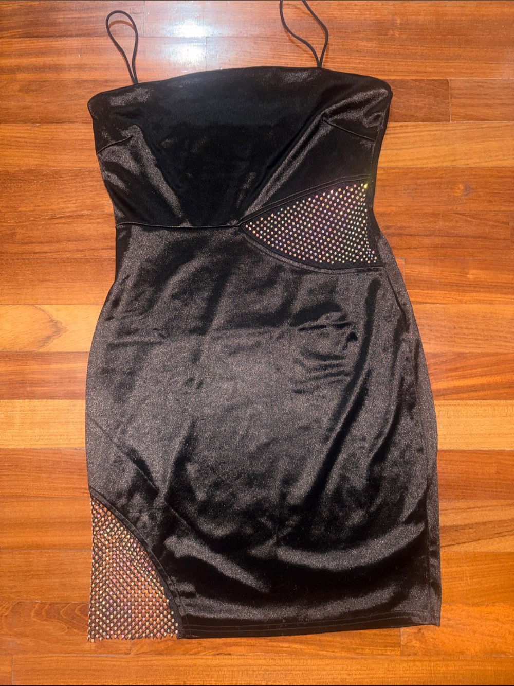 Windsor Black Satin Mini Dress with Iridescent Rhinestone Cutouts